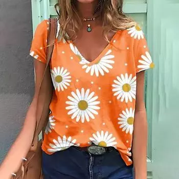 Женская футболка с принтом летних цветов Футболка больших размеров Женская одежда большого размера Дизайнерская рубашка с коротким рукавом Женская V-образным вырезом S