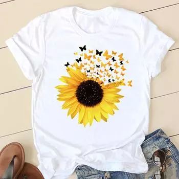 Женская футболка с принтом, летняя модная милая футболка с бабочкой и подсолнухом, женская футболка с коротким рукавом, женская одежда, футболки с графикой S