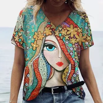 Женская футболка с принтом лица, футболка с короткими рукавами, новинка 2024 года, топ, повседневная уличная футболка для женщин, пуловер, женская одежда, мода 3XL