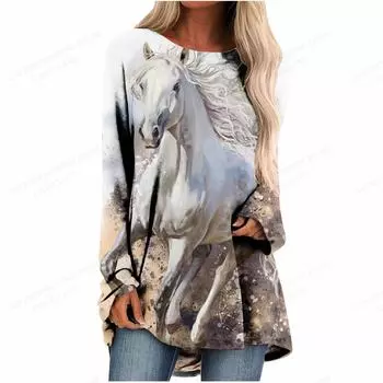 Женская футболка с принтом лошади, женские модные футболки, футболка с растительными животными, топы с длинными рукавами, футболки, туники, топы, женская одежда L