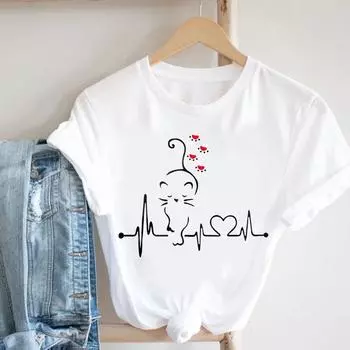 Женская футболка с принтом Love Heartbeat, милый кот, летняя модная футболка с коротким рукавом, женская женская одежда, повседневная футболка с рисунком S