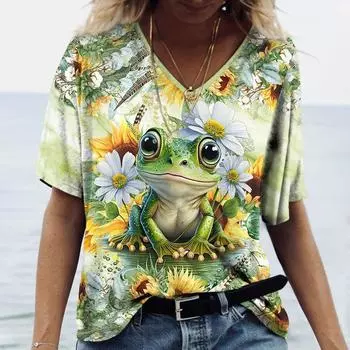 Женская футболка с принтом лягушки и цветочного узора, уличная ретро мода, повседневная футболка оверсайз, летняя женская одежда S