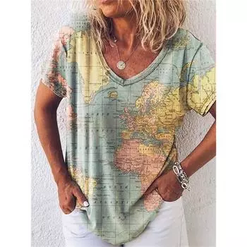 Женская футболка с принтом Map 3D Футболка Женская мода Футболки с V-образным вырезом Топы с коротким рукавом Футболки Свободная футболка Роскошная футболка Повседневная S
