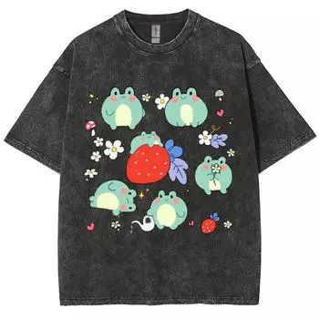 Женская футболка с принтом «Милая маленькая лягушка» и клубникой, роскошный дизайн, короткий рукав, стираный топ в стиле ретро S