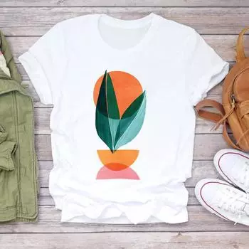 Женская футболка с принтом, модная одежда, футболка, повседневная футболка с рисунком растений, тенденция, стиль, принт, женская одежда, футболка с коротким рукавом с графикой S белый