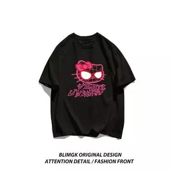 Женская футболка с принтом мультяшного кота-паука, хлопковая качественная футболка, свободная футболка в стиле аниме, хлопковая уличная футболка с коротким рукавом L