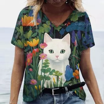 Женская футболка с принтом мультяшного кота, женская трендовая одежда больших размеров, модная рубашка с коротким рукавом, женская блузка с V-образным вырезом 2024 S