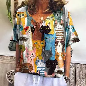 Женская футболка с принтом мультяшного кота, летняя, с коротким рукавом и V-образным вырезом, кавайная, модная, повседневная, с котенком, забавная, женская, винтажная одежда S