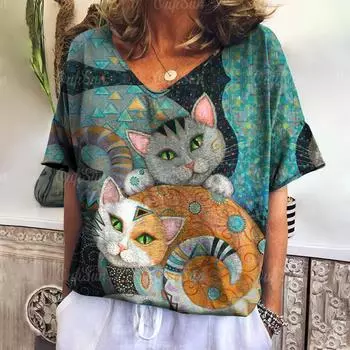 Женская футболка с принтом мультяшного кота, летняя, с коротким рукавом и V-образным вырезом, кавайная, модная, повседневная, с котенком, забавная, женская, винтажная одежда M