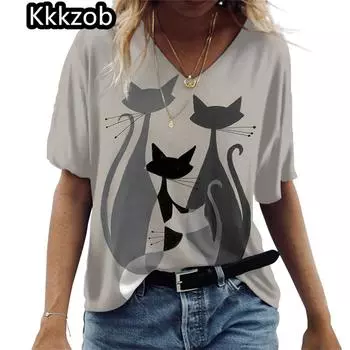 Женская футболка с принтом мультяшного кота, летняя, с коротким рукавом и V-образным вырезом, кавайная, модная, повседневная, футболки с забавным рисунком кота, женственная одежда S