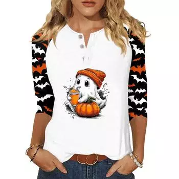 Женская футболка с принтом на Хэллоуин, на пуговицах, рукав 3/4, повседневная мода на выходные, базовый топ с V-образным вырезом S оранжевый