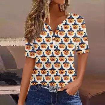Женская футболка с принтом на Хэллоуин, на пуговицах, с коротким рукавом, повседневная, для выходных, модная, базовая, с V-образным вырезом, обычный топ M оранжевый