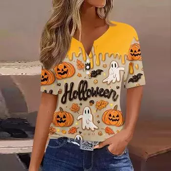 Женская футболка с принтом на Хэллоуин, на пуговицах, с коротким рукавом, повседневная, для выходных, модная, базовая, с V-образным вырезом, обычный топ M хаки
