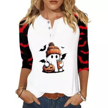 Женская футболка с принтом на Хэллоуин, на пуговицах, рукав 3/4, повседневная мода на выходные, базовый топ с V-образным вырезом XL