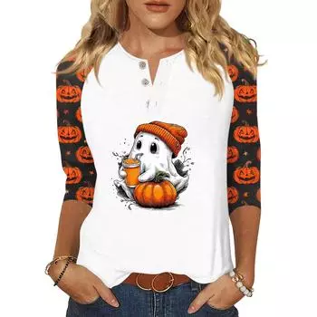 Женская футболка с принтом на Хэллоуин, на пуговицах, рукав 3/4, повседневная мода на выходные, базовый топ с V-образным вырезом XL оранжевый