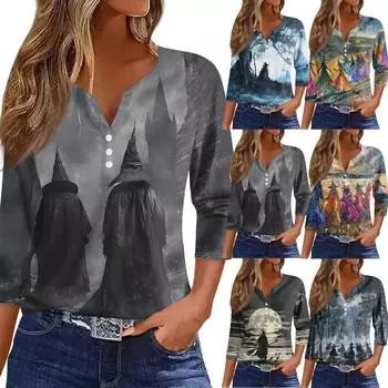 Женская футболка с принтом на Хэллоуин, на пуговицах, рукав 3/4, повседневная мода на выходные, базовый топ с V-образным вырезом XXL золотой