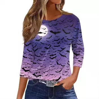 Женская футболка с принтом на Хэллоуин, рукав 3/4, повседневная мода, базовая, с круглым вырезом, обычный топ L фиолетовый