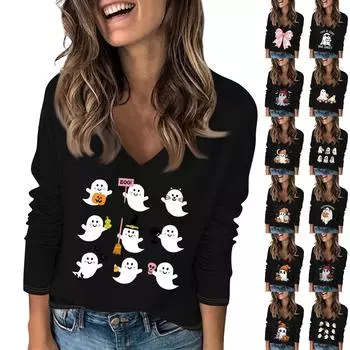 Женская футболка с принтом на Хэллоуин с длинным рукавом, повседневная, выходного дня, базовый топ с V-образным вырезом M чёрный