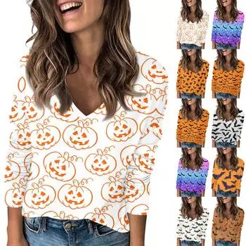 Женская футболка с принтом на Хэллоуин, с заниженными плечами, с длинным рукавом, повседневная мода на выходные, базовый топ с V-образным вырезом L бежевый