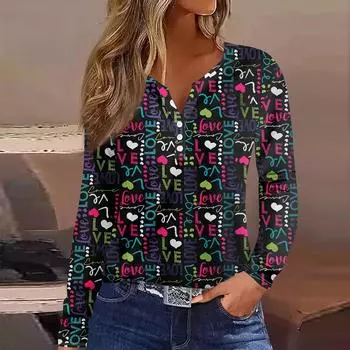 Женская футболка с принтом на пуговицах, длинный рукав, повседневная мода на выходные, базовый топ с V-образным вырезом L синий