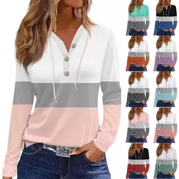 Женская футболка с принтом на пуговицах, длинный рукав, повседневная, выходного дня, модная, базовая, с V-образным вырезом, обычная, с капюшоном L зелёный