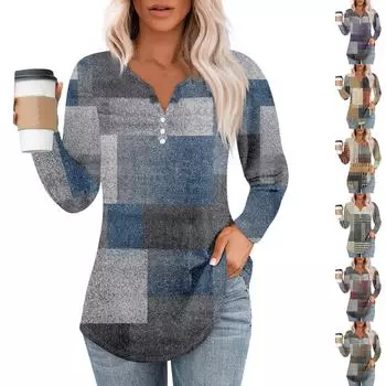 Женская футболка с принтом на пуговицах, длинный рукав, повседневная, выходного дня, модная, базовая, с V-образным вырезом XXXL коричневый