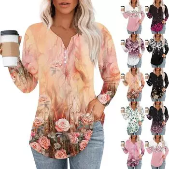Женская футболка с принтом на пуговицах, длинный рукав, повседневная, выходного дня, модная, базовая, с V-образным вырезом S