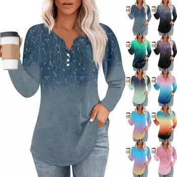 Женская футболка с принтом на пуговицах, длинный рукав, повседневная, выходного дня, модная, базовая, с V-образным вырезом L