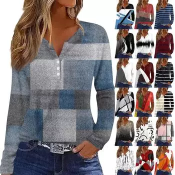 Женская футболка с принтом на пуговицах, длинный рукав, вязаный свитер, повседневный, модный, на выходные, базовый, с V-образным вырезом, обычный топ L бежевый