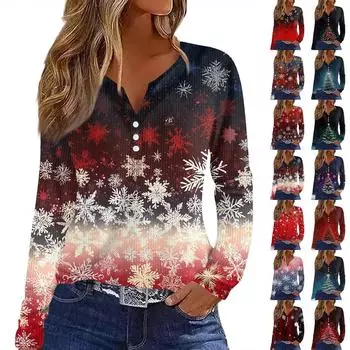 Женская футболка с принтом на пуговицах, длинный рукав, вязаный свитер, повседневный, модный, на выходные, базовый, с V-образным вырезом, обычный топ XL