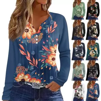 Женская футболка с принтом на пуговицах, длинный рукав, рукав реглан, повседневный топ с V-образным вырезом и обычным узором XL зелёный