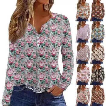 Женская футболка с принтом на пуговицах, длинный рукав, вязаный свитер, повседневный, модный, на выходные, базовый, с V-образным вырезом, обычный топ XXXL