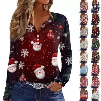 Женская футболка с принтом на пуговицах, длинный рукав, вязаный свитер, повседневный, модный, на выходные, базовый, с V-образным вырезом, обычный топ XXL синий