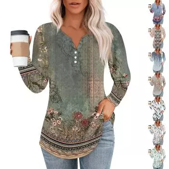 Женская футболка с принтом на пуговицах, длинный рукав, повседневная, выходного дня, модная, базовая, с V-образным вырезом XXXL зелёный