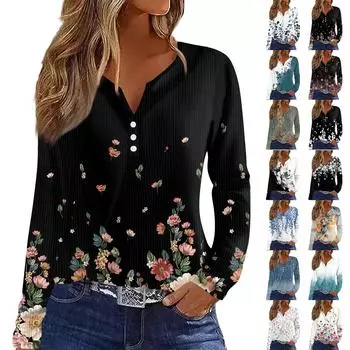 Женская футболка с принтом на пуговицах, длинный рукав, вязаный свитер, повседневный, модный, на выходные, базовый, с V-образным вырезом, обычный топ L армия зеленый