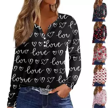 Женская футболка с принтом на пуговицах, длинный рукав, повседневная мода на выходные, базовый топ с V-образным вырезом L синий