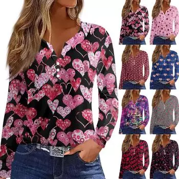 Женская футболка с принтом на пуговицах, длинный рукав, повседневная мода на выходные, базовый топ с V-образным вырезом S