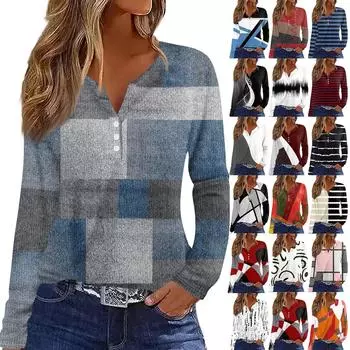 Женская футболка с принтом на пуговицах, длинный рукав, вязаный свитер, повседневный, модный, на выходные, базовый, с V-образным вырезом, обычный топ XL хаки