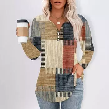 Женская футболка с принтом на пуговицах, длинный рукав, повседневная, выходного дня, модная, базовая, с V-образным вырезом M жёлтый