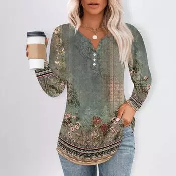 Женская футболка с принтом на пуговицах, длинный рукав, повседневная, выходного дня, модная, базовая, с V-образным вырезом L