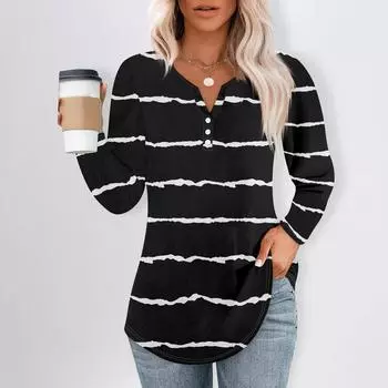 Женская футболка с принтом на пуговицах, длинный рукав, повседневная, выходного дня, модная, базовая, с V-образным вырезом M чёрный