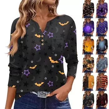 Женская футболка с принтом на пуговицах и принтом Хэллоуина, с длинным рукавом, на каждый день, на выходные, модная, базовая, с V-образным вырезом, с карманом XXL фиолетовый