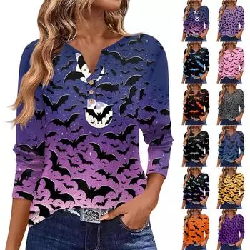 Женская футболка с принтом на пуговицах и принтом Хэллоуина, с длинным рукавом, на каждый день, на выходные, модная, базовая, с V-образным вырезом, с карманом L синий