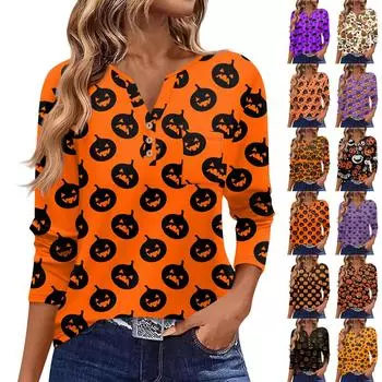 Женская футболка с принтом на пуговицах и принтом Хэллоуина, с длинным рукавом, на каждый день, на выходные, модная, базовая, с V-образным вырезом, с карманом L чёрный