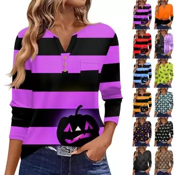 Женская футболка с принтом на пуговицах и принтом Хэллоуина, с длинным рукавом, на каждый день, на выходные, модная, базовая, с V-образным вырезом, с карманом S чёрный