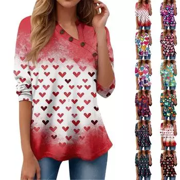 Женская футболка с принтом на пуговицах ко Дню Святого Валентина и длинным рукавом, повседневная мода на выходные, модный пуловер с v-образным вырезом, топы L синий