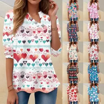 Женская футболка с принтом на пуговицах ко Дню Святого Валентина и длинным рукавом, повседневная мода на выходные, модный пуловер с v-образным вырезом, топы L бежевый