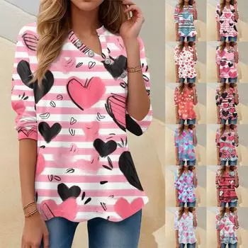 Женская футболка с принтом на пуговицах ко Дню Святого Валентина и длинным рукавом, повседневная мода на выходные, модный пуловер с v-образным вырезом, топы L чёрный