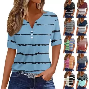 Женская футболка с принтом на пуговицах, короткий рукав, туника, повседневная, выходного дня, модная, базовая, с V-образным вырезом, стандартный топ L бежевый