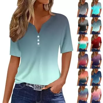 Женская футболка с принтом на пуговицах, короткий рукав, туника, повседневная, выходного дня, модная, базовая, с V-образным вырезом, стандартный топ XXL синий